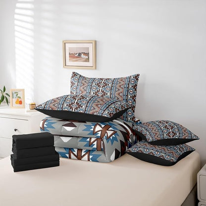 Erosebridal 7 Piece Western Bed in A Bag King Southwestern Aztec Comforter Set for Women Men Rustic Bohemian Geometric Bedding Sets Vintage Country Tribal Aesthetic Sheet Set with Comforter