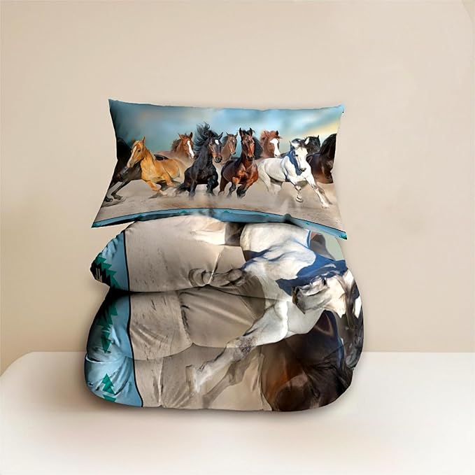 Horse Comforter Set, Green Brown 3D Pattern for Kids Teens Adults,Decorative Bedding Comforter Sets with 2 Pillow Shams, Twin Size