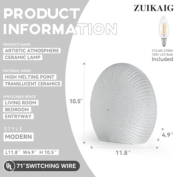 10.5"Modern Ceramic Table Lamp,White bedside table lamp, night Lamp,Decorative Lamp,Ambient lighting,Artistic lamp,Suitable for living room, bedroom, entrance, Kitchens, Corded, Bulb Included