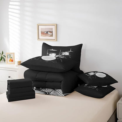 Erosebridal Drum Set 7 Piece Bedding Set Queen Size,Musical Instrument Bed in a Bag,Hip Hop Music Bed Set Includes Comforter, Sheet Set, Pillowcases & Pillow Covers All Season Bedroom Decor