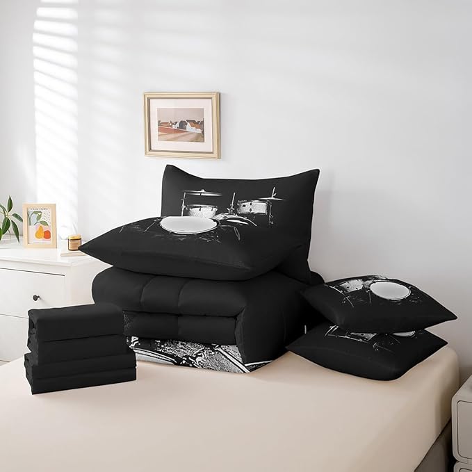 Erosebridal Drum Set 7 Piece Bedding Set Full Size,Musical Instrument Bed in a Bag,Hip Hop Music Bed Set Includes Comforter, Sheet Set, Pillowcases & Pillow Covers All Season Bedroom Decor