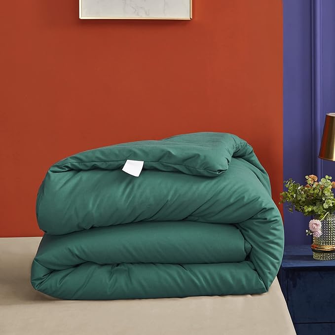 Luxlovery Emerald Green Comforter Set Queen Dark Green Bedding Comforter Set Modern Solid Forest Green Cotton Blanket Quilts Cozy Soft Breathable 1 Comforter with 2 Yellow/Caramel Pillowcases