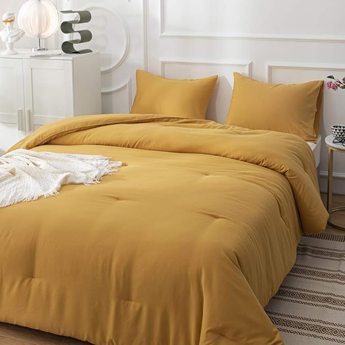 Wellboo Mustard Yellow Comforter Sets California King Solid Ginger Bedding Comforters Women Men Plain Dark Yellow Quilts Modern Minimalist Gold Yellow Blankets Soft Vintage Bedroom Decor Aesthetic
