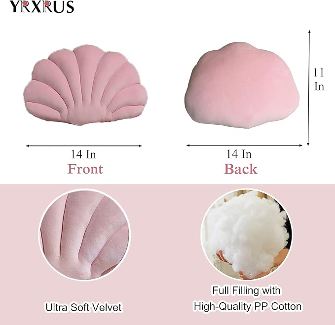 YRXRUS Light Pink Seashell Shaped Pillow, Ultra Soft Velvet Cushion for Bed, Living Room, Kids Room - 3D Insert - 14x11 Inch