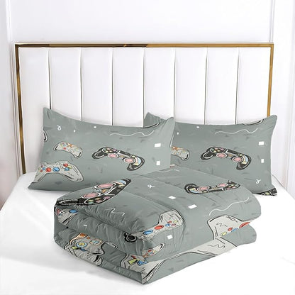 Kids Gaming Comforter Set Twin Size for Boys Grey Video Gamer Bedding Set for Teens Bedroom Decor, 68"x86"