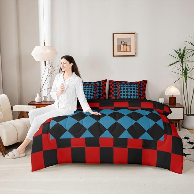 Feelyou Checkered Retro Twin Comforter Set with Sheets for Kids Boys Girls Red Blue Black Plaid 7 Pieces Bedding Set Geometric Vintage Bed in a Bag Modern Simple Groovy Aesthetic Room Decor Soft