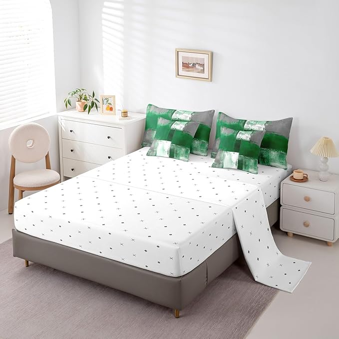 Erosebridal Green White Gray King Comforter Set 7pcs Aesthetic Bed in a Bag, Watercolor Bedding Comforter Sets (1 Comforter + 1 Fitted Sheet + 1 Flag Sheet + 2 Pillowcase + 2 Throw Pillow Cover)
