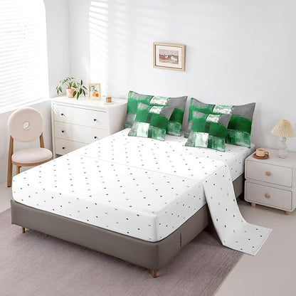 Erosebridal Green White Gray King Comforter Set 7pcs Aesthetic Bed in a Bag, Watercolor Bedding Comforter Sets (1 Comforter + 1 Fitted Sheet + 1 Flag Sheet + 2 Pillowcase + 2 Throw Pillow Cover)