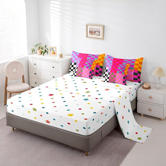 Feelyou Multicolored Checkered Retro 7 Piece Bedding Set Kids Boys Girls Geometric Vintage Comforter Set with Sheets Full Size Black Red Purple Bed in a Bag Modern Simple Groovy Aesthetic Room Decor