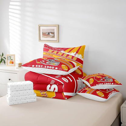 Feelyou Football 7 Pieces Comforter Sets Queen Size Kids Rugby Sports Bedding Set Sports Theme Bed in a Bag with Comforter, Sheets, Pillowcases & Cushion Cover
