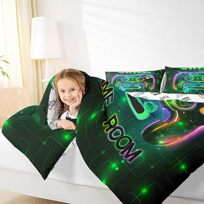 jejeloiu Cool Gamer Bedding Set King Size for Boys 3D Gaming Comforter Set Kids Teens Bright Green Duvet Set Modern Game Console Quilt Set 3Pcs