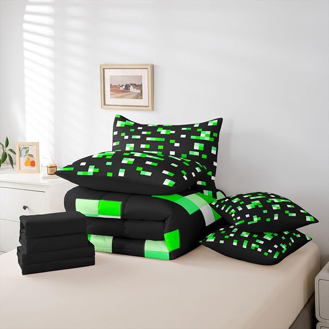 Castle Fairy Green Miner Grid 7 Piece Comforter Sets King Size,Pixelated Blocks All Season Reversible Bed in a Bag Geometric Square Bedding Sets Pixel Theme Flat Sheet,Fitted Sheet,Pillowcases