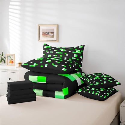 Castle Fairy Green Miner Grid 7 Piece Comforter Sets King Size,Pixelated Blocks All Season Reversible Bed in a Bag Geometric Square Bedding Sets Pixel Theme Flat Sheet,Fitted Sheet,Pillowcases