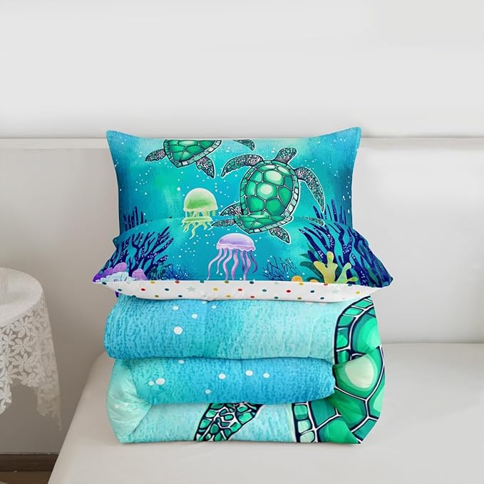 Sea Turtle Bedding Set Green Blue Ocean Down Comforter King,Colorful Underwater World Comforter Set for Kids Child,Nautical Sea Animal Reptile Bed Quilt Under Sea Fish Jellyfish Bedroom Decor