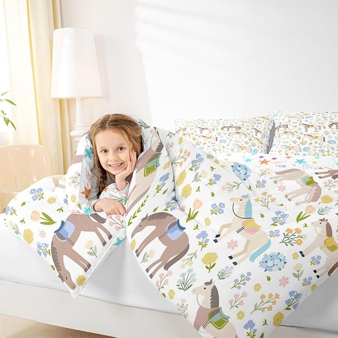 Cartoon Horse Comforter Set Twin Size,Bohemian Flowers Bedding Sets 2Pcs for Kids Girls Boys Women Room Decor,Rustic Farmhouse Quilted Duvet Farm Animals Plants Down Comforter,1 Pillowcase