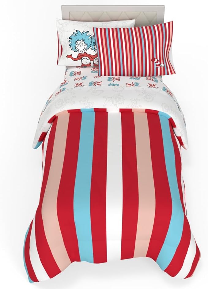 Dr. Seuss Cat in The Hat Kids Bedding, 5 Piece Twin Bed Set, Soft Cozy Reversible Comforter and Sheet Set with Sham, Officially Licensed Product by Franco