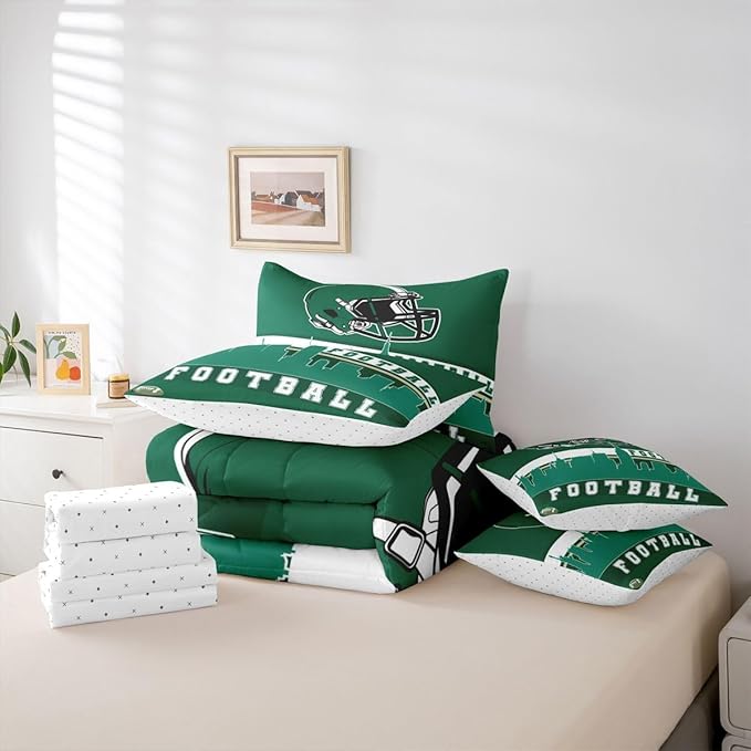Erosebridal Football 7 Pcs Comforter Set Twin Football City Bedding for Men Boys Green Football Fans Sheet Set Bed in A Bag Rugby Game Room Decor Sports Ball Competition Quilt
