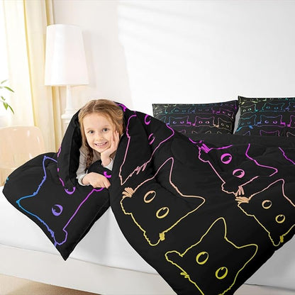 Cute Cats Bedding Set King Kawaii Cat Pet Comforter Set Colorful Neon Ombre Kawaii Animal Line Down Comforter Lovely Cat Lovers Room Decor Lightweight Duvet Set For Teens Children Boy Girl