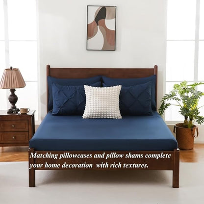 Sheet&Joy Queen Comforter Set, 7-Piece Bed in a Bag, Pintuck Bedding Sets for All Season, Includes Comforter, Flat Sheet, Fitted Sheet, Pillowcases and Pillowshams, Navy Blue
