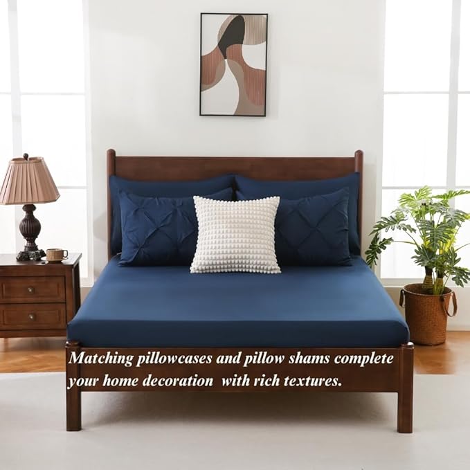 Sheet&Joy King Size Comforter Set, 7-Piece Bed in a Bag, Pintuck Bedding Set for All Season, Includes Comforter, Flat Sheet, Fitted Sheet, Pillowcases and Pillowshams, Navy Blue
