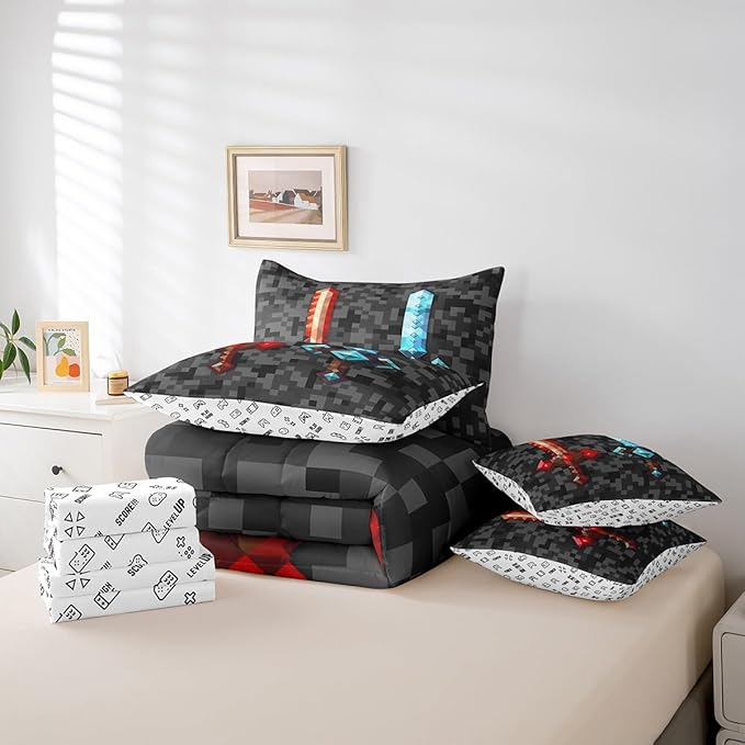 Red Blue Sword Bedding Sets Twin,Sandbox Building Games 7Pcs Comforter Set for Kids Boys Teens Men Room Decor,Pixelated Style Swords Fitted Flat Sheet Grey Black Camo 2 Throw Pillow,2 Pillowcases