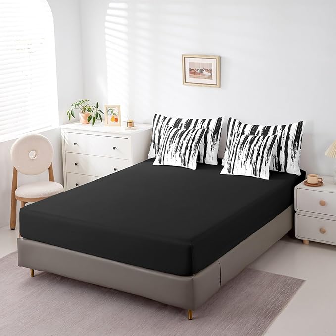 Erosebridal 7Pcs Black and White Boho King Comforter Set,Geometric Striped Abstract Bed in A Bag for Women Men Teens,Modern Art Aesthetic Bedding,White and Black Ink Quilt Set with Pillowcases