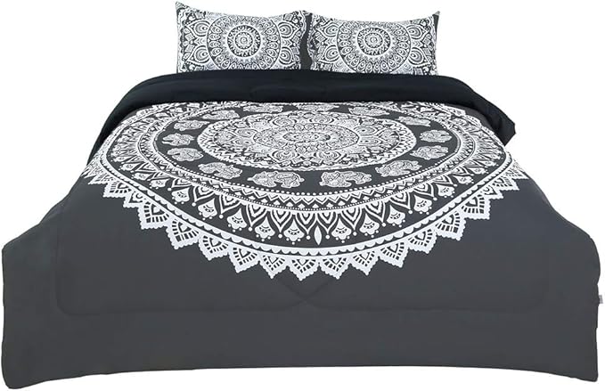 uxcell 3-Piece Bohemian Black Comforter Sets - 3D Printed Bohemia Themed - All-Season Down Quilted Duvet - Reversible Design - Includes 1 Comforter, 2 Pillow Cases King