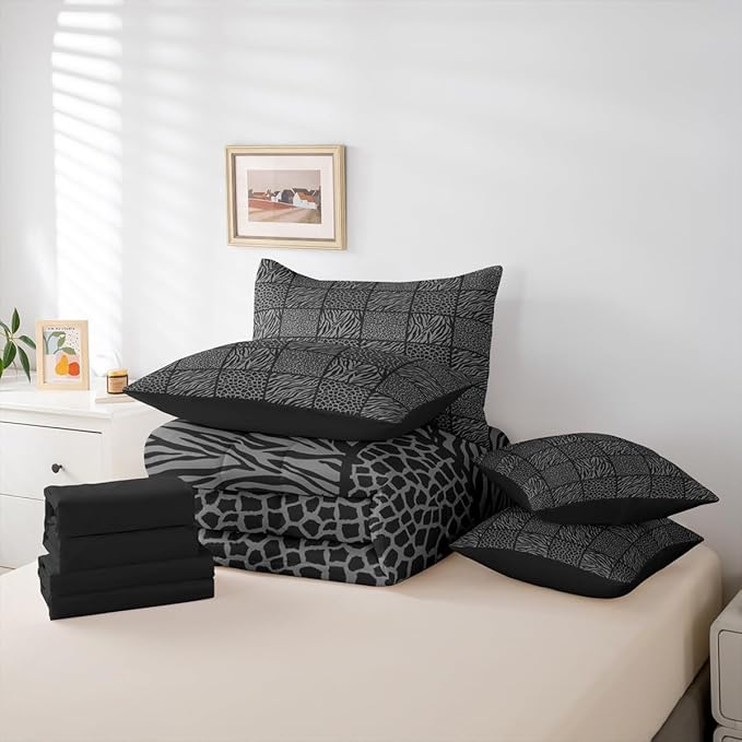 Wildlife Animals Fur Print 7 Pieces Comforter Set,Cheetah Zebra Skin Bedding Set Full Size for Room Decor,Grey Black Texture Comforter for Boys Girls Super Soft Fade Resistant Microfiber Bedding