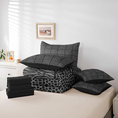 Wildlife Animals Fur Print 7 Pieces Comforter Set,Cheetah Zebra Skin Bedding Set Full Size for Room Decor,Grey Black Texture Comforter for Boys Girls Super Soft Fade Resistant Microfiber Bedding