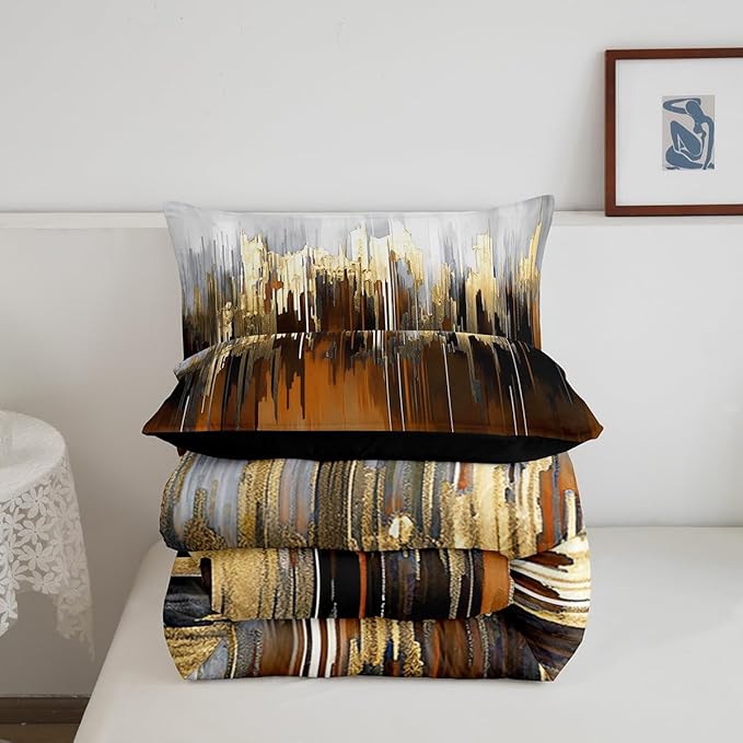 Erosebridal Brown Bedding Twin Ombre Abstract Comforter Set, Brush Marks Gradient Bedding Comforter Sets Contemporary Golden Metallic Duvet Insert, Watercolor Stripe Aesthetic Down Comforter