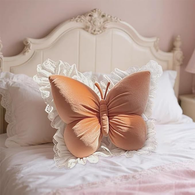 Butterfly Throw Pillow, Butterfly Shaped Decorative Pillow for Sofa Couch Bed, Plush Velvet Lumbar Support Cushion for Office Chair & Car Seat (Orange)