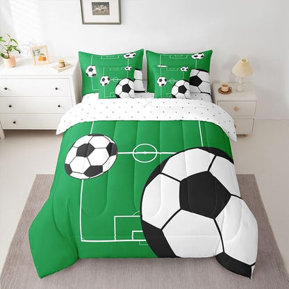 Erosebridal Football 7 Piece Bedding Set Queen Boys Sports Theme Comforter Set with Sheets Soccer Ball Pattern Playground Bed in a Bag Football Court Green White for Kids Boys Girls