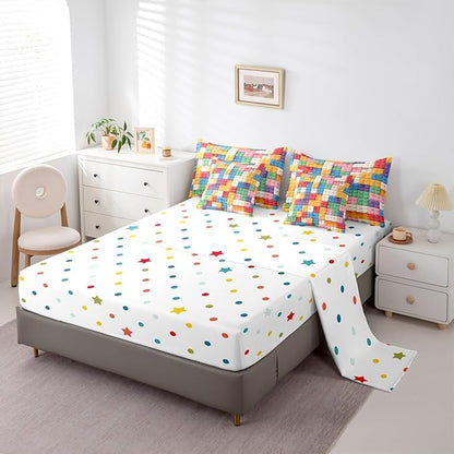 Feelyou Building Block Print 7 Piece Bedding Set Queen Size Kids Brick Styles Comforter Set with Sheets for Boys Teens Colorful Gaming Bed in a Bag Green Red Yellow Blue Room Decor