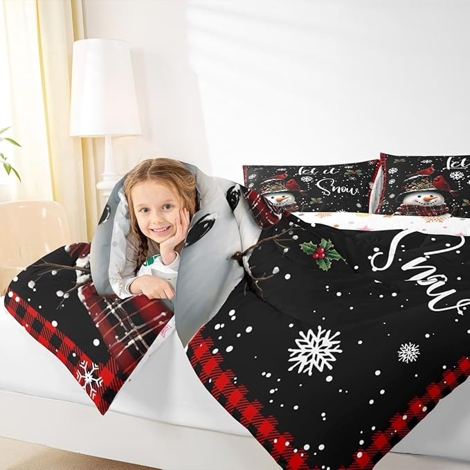 Winter Snowman Comforter Set Full Size,Merry Christmas Bedding Sets 3Pcs for Kids Girls Boys Women Room Decor,Red Black Checkered Down Comforter Northern Cardinal Quilted Duvet,2 Pillowcases