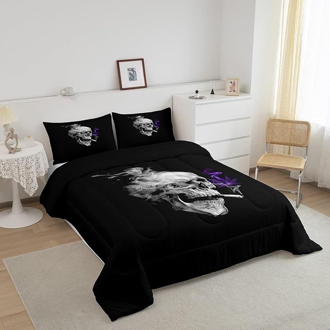 Erosebridal Gothic Skull Comforter Set Full,Purple Leaves Bedding for Women Men Adults,Tropical Botanical Plant Bedding Comforter Sets,Smoky Skeleton Down Comforter