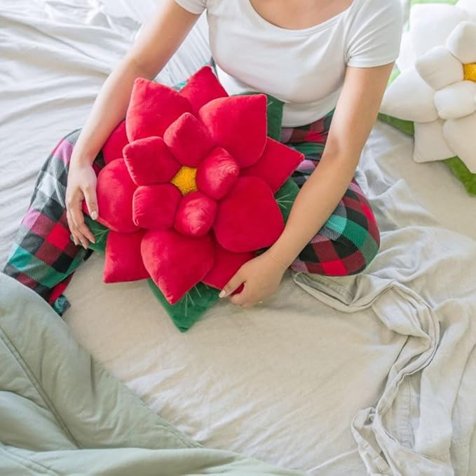Green Philosophy Co. Poinsettia Plush Throw Pillow - Christmas Red Flower Shaped Accent Cushion | Unique Christmas Decor & Gift