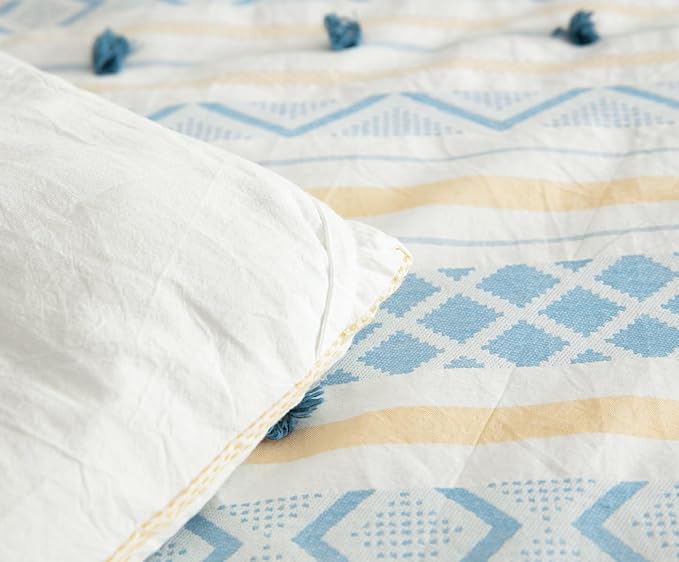 SLEEPBELLA Washed Double Layer Muslin 100% Cotton Comforter Set Queen Size, Yellow Blue Boho Fluffy Thick Checked Bedding Set, Soft Breathable (1 Comforter, 2 Pillow Shams)