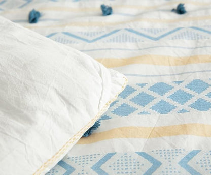 SLEEPBELLA Washed Double Layer Muslin 100% Cotton Comforter Set Queen Size, Yellow Blue Boho Fluffy Thick Checked Bedding Set, Soft Breathable (1 Comforter, 2 Pillow Shams)