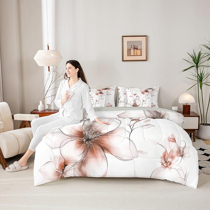 Erosebridal Light Brown Flower Twin 7 Pcs Bedding Set, Boho Floral Comforter Set with Sheets, Watercolor Flower Chic Bed Sets for Women Adults Girls, Ink Painting Style Blossom & Leaf Bed in A Bag