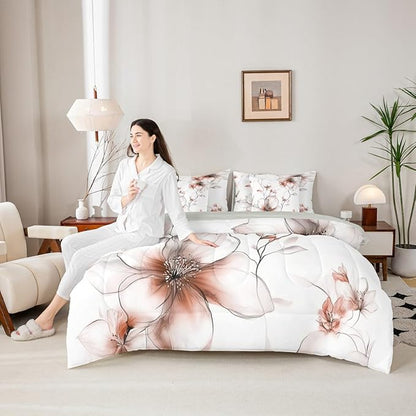 Erosebridal Light Brown Flower Twin 7 Pcs Bedding Set, Boho Floral Comforter Set with Sheets, Watercolor Flower Chic Bed Sets for Women Adults Girls, Ink Painting Style Blossom & Leaf Bed in A Bag