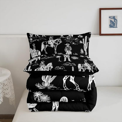 Feelyou Black Western Bedding Set Queen Size Horse Cowboy Comforter Set for Kids Boys Girls Decor Rustic Decor Wild Western Cowboy Comforter Tribal Duvet Quilt