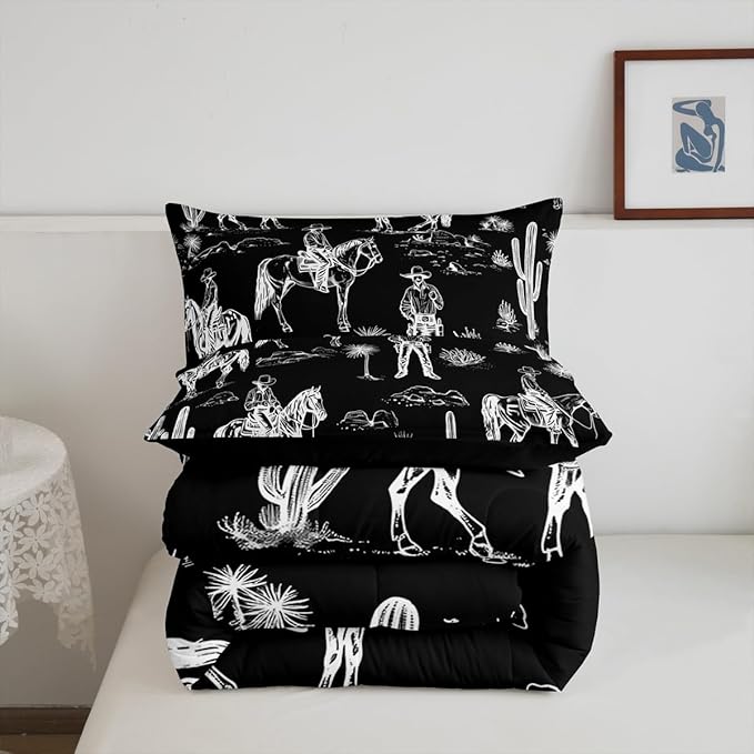 Feelyou Black Western Bedding Set Toddler Size Horse Cowboy Comforter Set for Kids Boys Girls Decor Rustic Decor Wild Western Cowboy Comforter Tribal Duvet Quilt