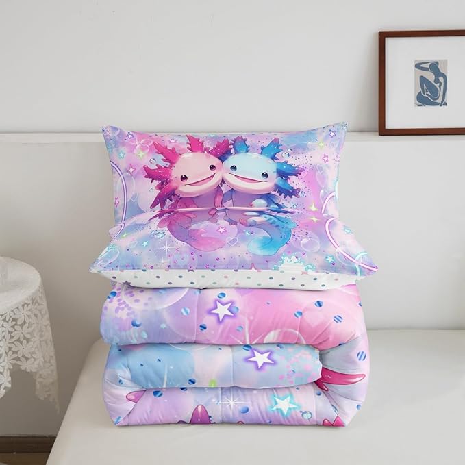 Kawaii Axolotl Bedding Set Full Size Colorful Glitter Sky Galaxy Comforter Set for Girls Kids Teens Cartoon Dream Fairy Tale Style Quilted Duvet Set Room Decor 3Pcs,Reversible Colorful