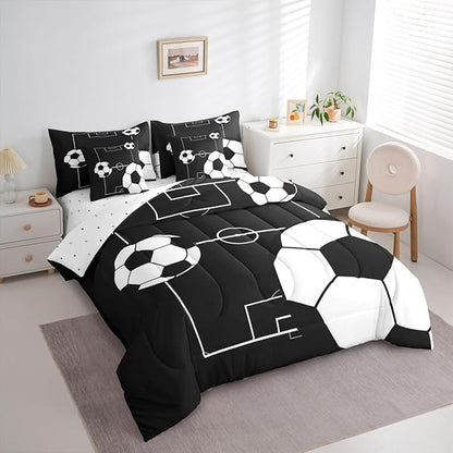 Erosebridal Soccer Ball 7 Piece Bedding Set Queen Boys Sports Comforter Set with Sheets Football Playground Pattern Bed in a Bag Black White Football Court for Kids Boys Girls