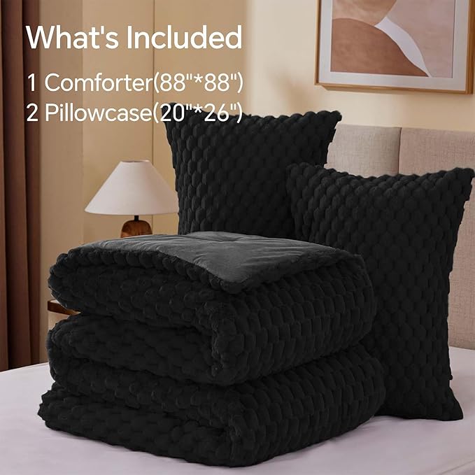 BEDELITE Fluffy Queen Comforter Set - Black Fleece Soft Comforter for Queen Size Bed, Luxury Warm Bedding Set for Winter, Fuzzy Bed Set 3 Pieces (1 Comforter, 2 Pillowcases)
