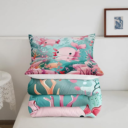 Cute Axolotl Kids Bedding Sets Toddler Size, Pink Kawaii Animal Ocean Sealife Comforter Set Bedroom Decor, Cartoon Lovely Coral Undersea Quilt Set Soft Duvet Insert,1 Pillowcase