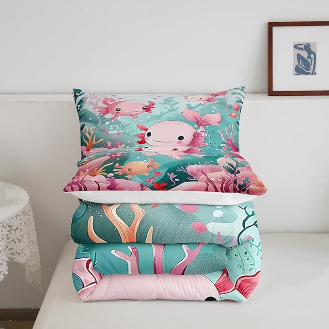 Cute Axolotl Kids Twin Size Comforter Set,Pink Kawaii Animal Ocean Sealife Bedding Sets for Teens Bedroom Decor,Cartoon Lovely Coral Undersea Quilted Duvet,1 Pillowcase