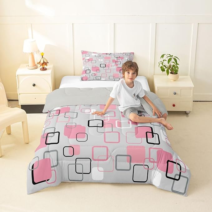 Erosebridal Pink Geometric Square Kids Comforter Sets Pink and Gray Striped Toddler Bedding Set for Girls Boys Minimalist Art Aesthetic Comforter Set Modern Abstract Plaid Quilt Duvet 2 Pcs