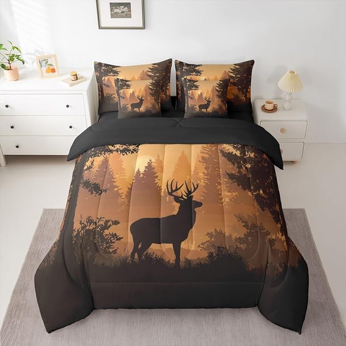 Erosebridal Woodland Deer Comforter Set King Size for Kids Boys Girls - 7 Pieces Hunting Antler Moose Bedding Set with Sheets Country Rustic Farmhouse Quilt Set Wild Animal Bed in A Bag