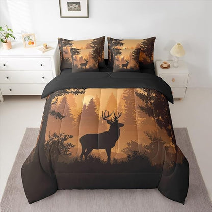 Erosebridal Woodland Deer Comforter Set King Size for Kids Boys Girls - 7 Pieces Hunting Antler Moose Bedding Set with Sheets Country Rustic Farmhouse Quilt Set Wild Animal Bed in A Bag